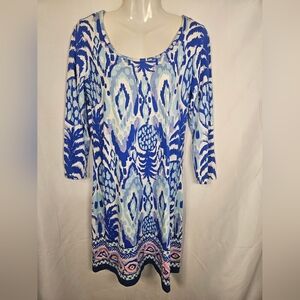 Lilly Pulitzer Blue Abstract Print 3/4 Sleeve Pima Cotton Shift Dress Small